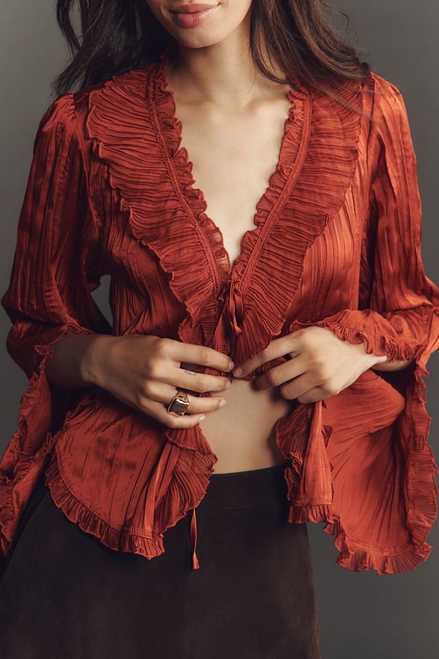 By Anthropologie Blusa Fruncida de Manga Larga con Nudo Frontal #3