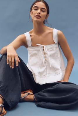 PILCRO DENIM LINEN BLEND TRIMMED TANK TOP 