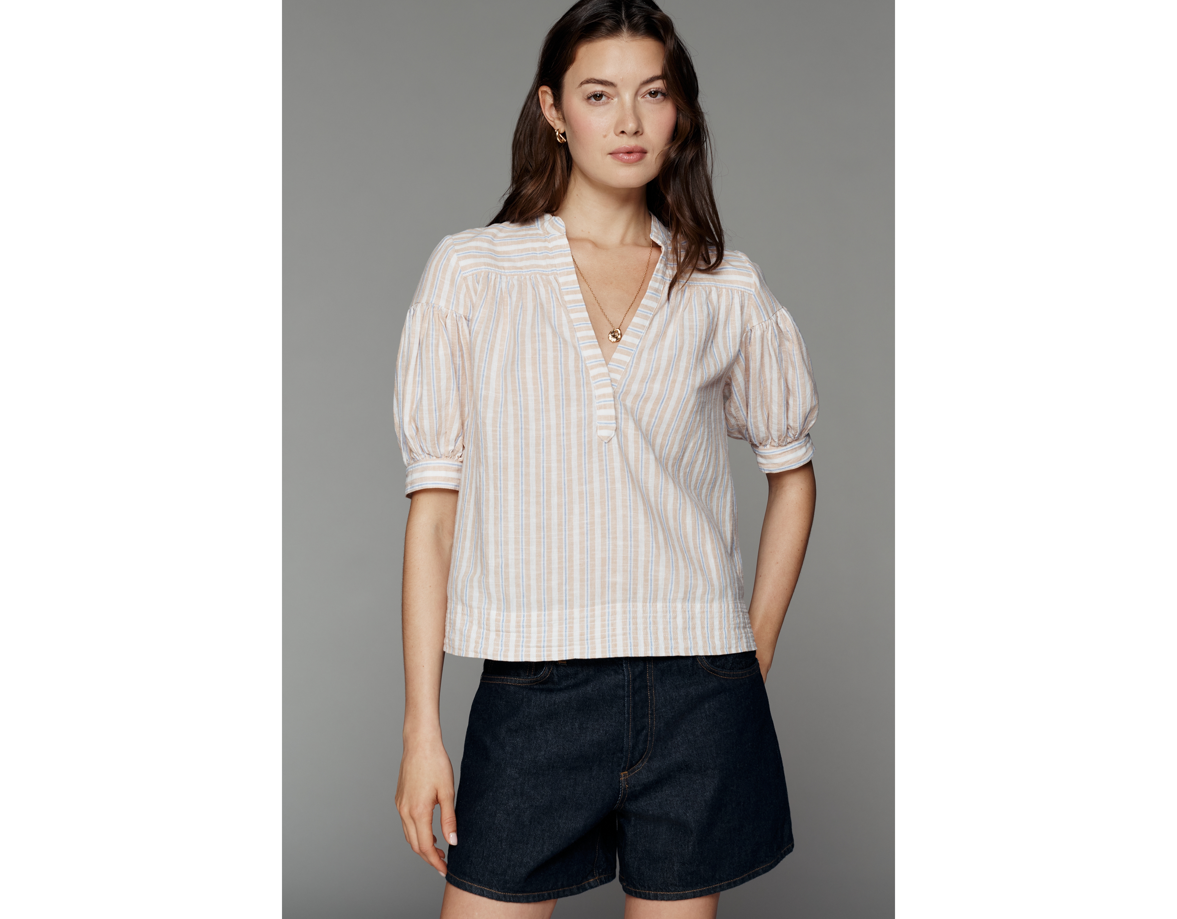 By Anthropologie Darcey Linen Cotton Popover Swing Top