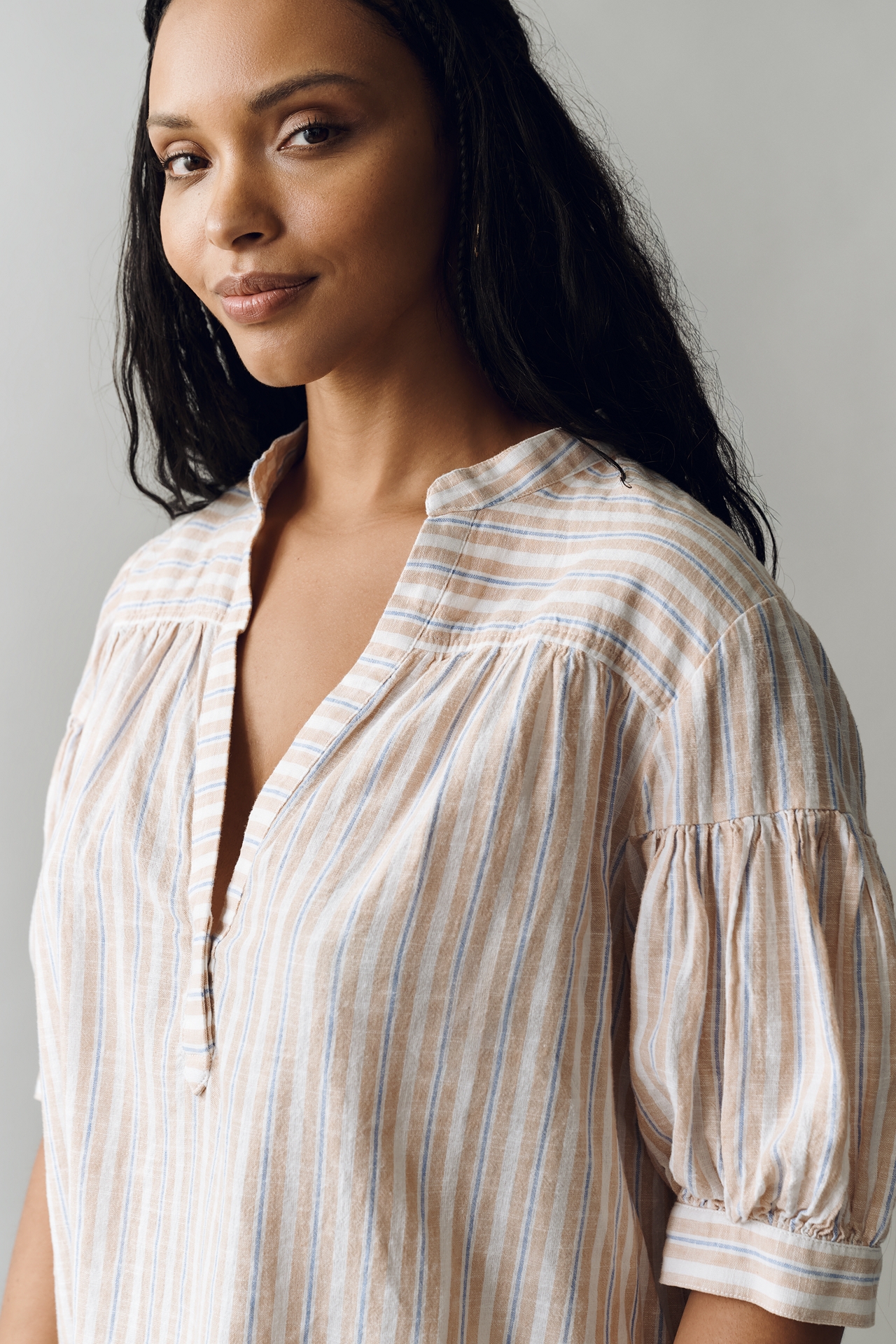 By Anthropologie Darcey Linen Cotton Popover Swing Top