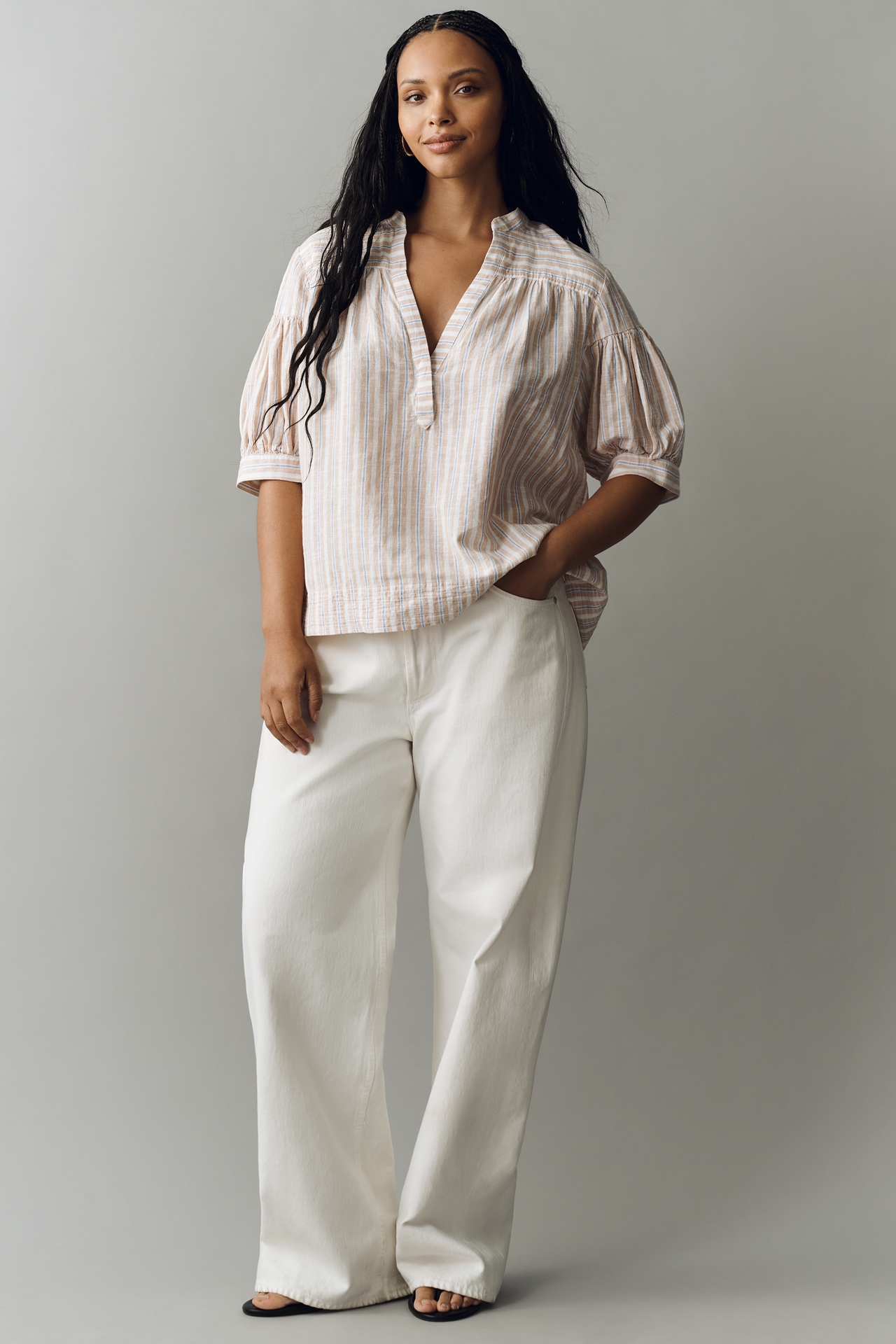 By Anthropologie Darcey Linen Cotton Popover Swing Top