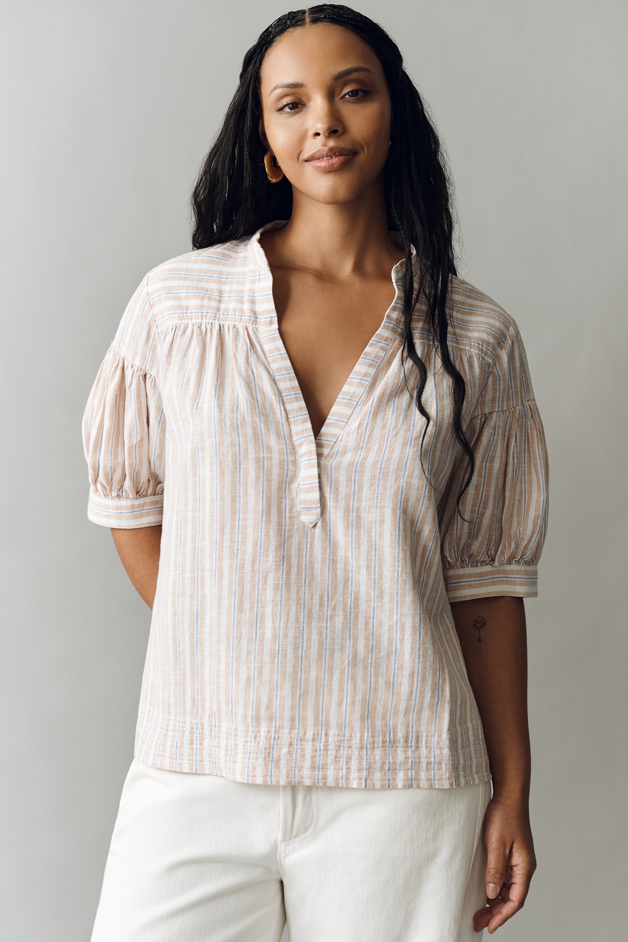 By Anthropologie Darcey Linen Cotton Popover Swing Top