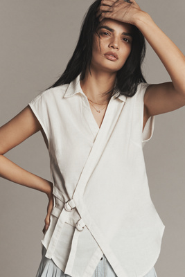 Pilcro Belted Wrap Linen Cotton Blouse In White