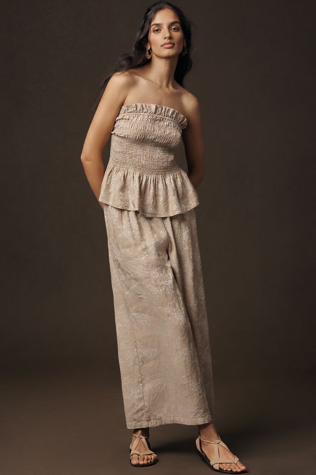 By Anthropologie Linen Cotton Smocked Strapless Top #2
