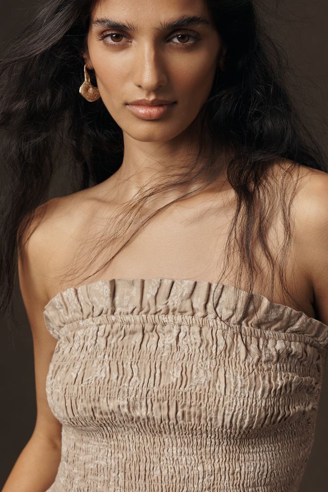 By Anthropologie Linen Cotton Smocked Strapless Top #3