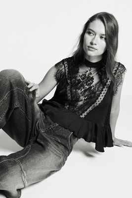 By Anthropologie Sheer Lace Peplum Blouse