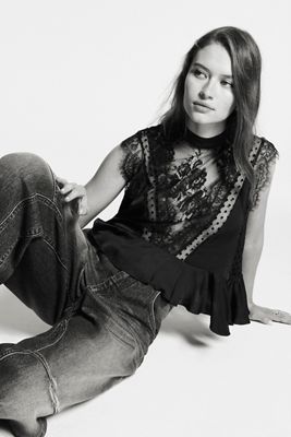 By Anthropologie Sheer Lace Peplum Blouse
