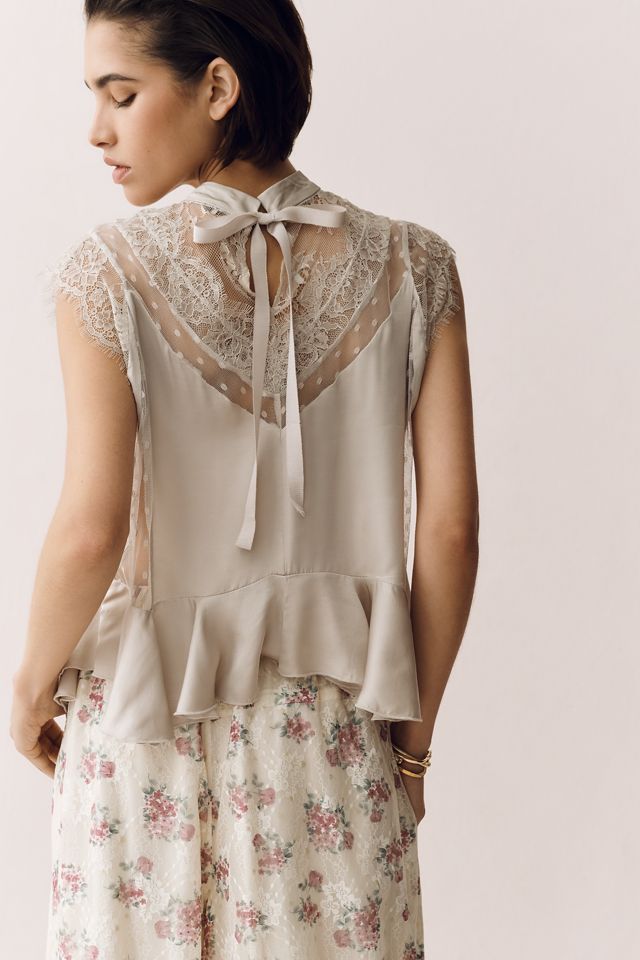 Harmony Sheer Lace Peplum Blouse by Anthropologie in Ivory, Size: XS