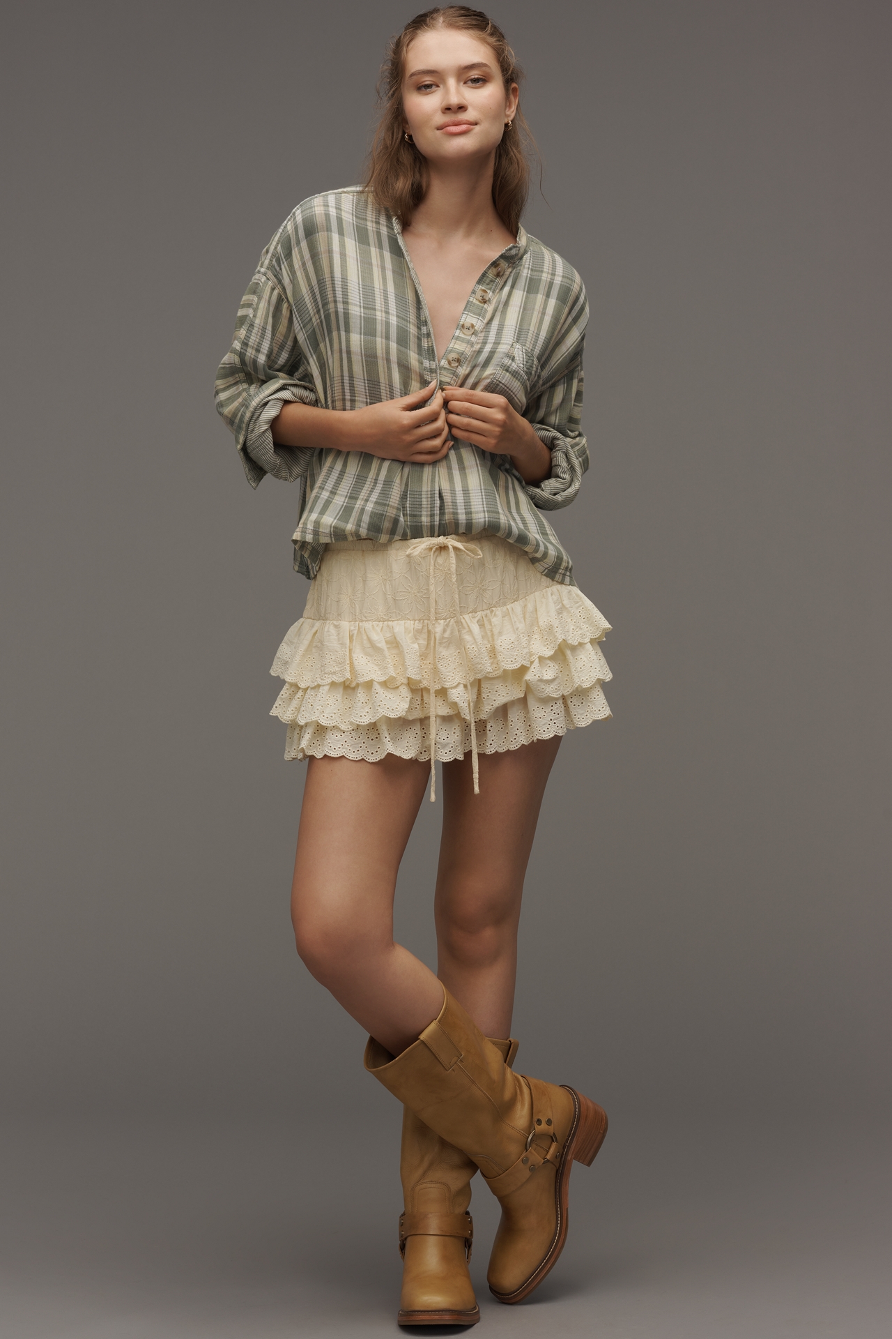Pilcro Long-Sleeve Buttondown Swing Top
