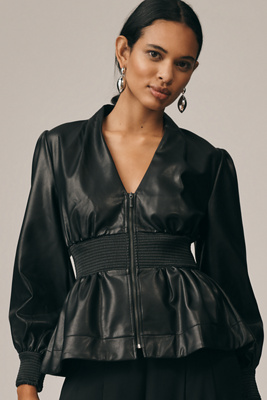 Maeve The Tommie Long-sleeve Faux-leather Smocked Front-zip Blouse In Gold