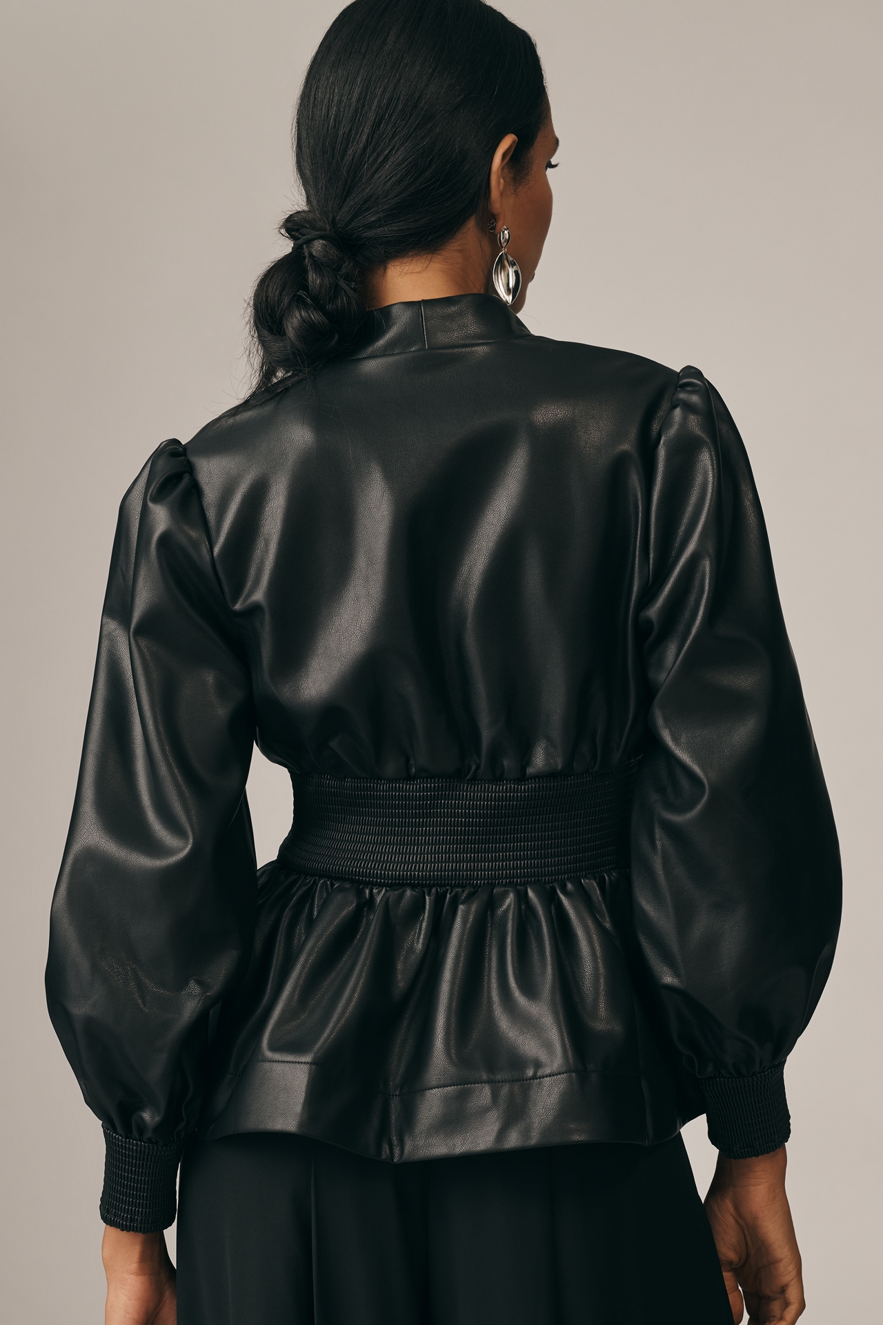 The Tommie Long-Sleeve Faux-Leather Smocked Front-Zip Blouse