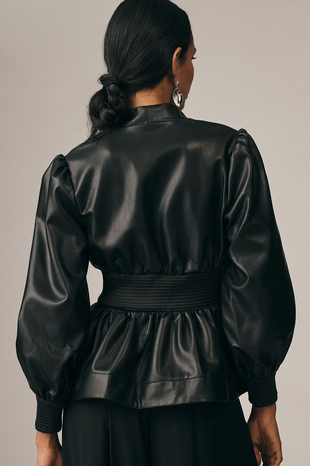 The Tommie Long-Sleeve Faux-Leather Smocked Front-Zip Blouse #1
