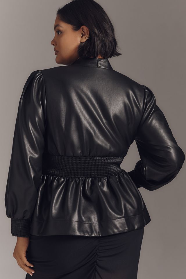 The Tommie Long-Sleeve Faux-Leather Smocked Front-Zip Blouse #4