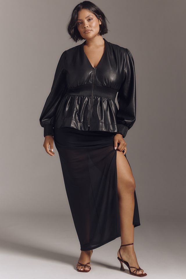 The Tommie Long-Sleeve Faux-Leather Smocked Front-Zip Blouse #5