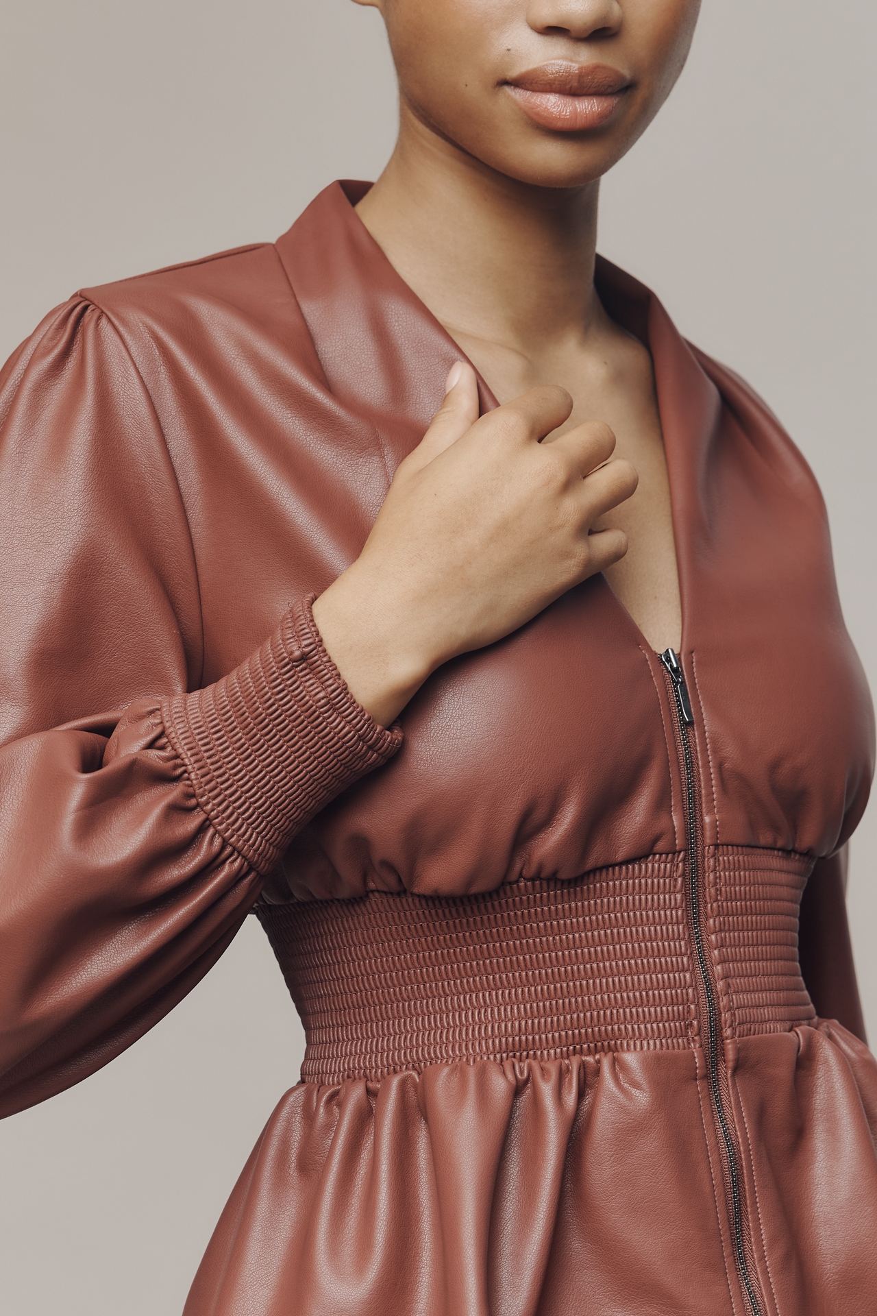 The Tommie Long-Sleeve Faux Leather Smocked Front-Zip Blouse