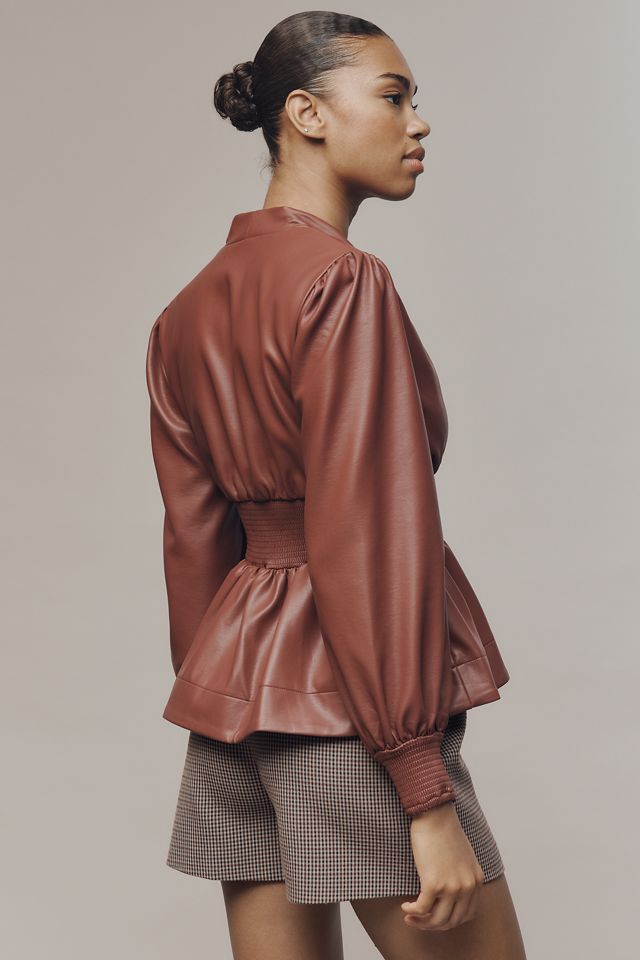 The Tommie Long-Sleeve Faux Leather Smocked Front-Zip Blouse