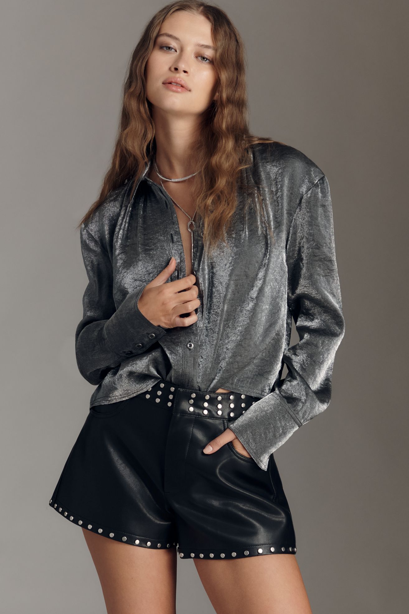 Pilcro Liquid Shine Buttondown Shirt - Gunmetal, Petite, M Petite