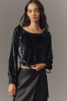 By Anthropologie Off-shoulder Burnout Velvet Blouse In Blue