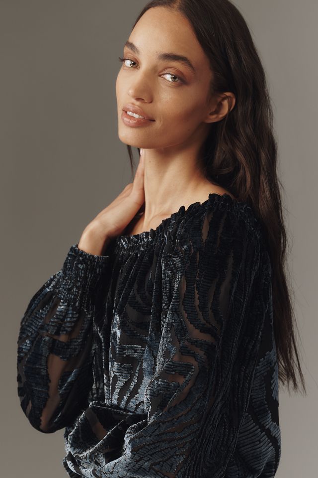 By Anthropologie Off-Shoulder Burnout Velvet Blouse #3