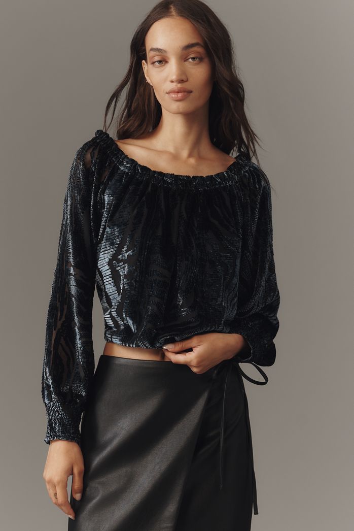 By Anthropologie Off-Shoulder Burnout Velvet Blouse