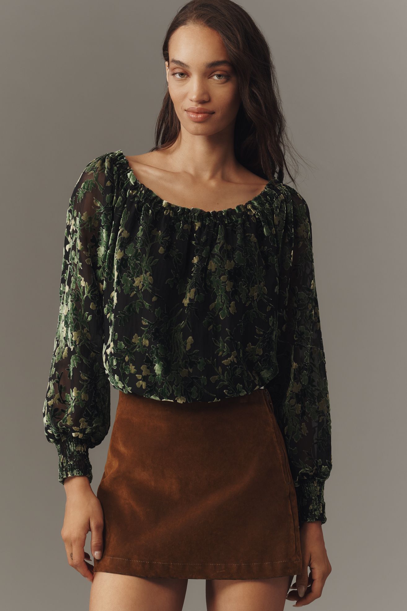 By Anthropologie Off-Shoulder Burnout Velvet Blouse - Green Floral, Standard