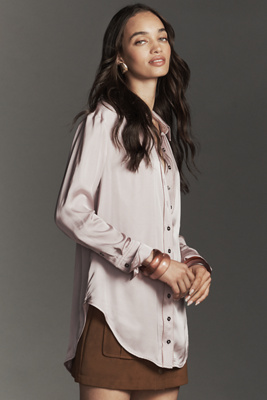 Pilcro Longline Silky Buttondown Shirt In Pink