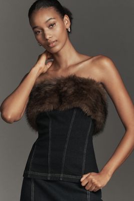 Pilcro Strapless Faux-Fur Trim Denim Top