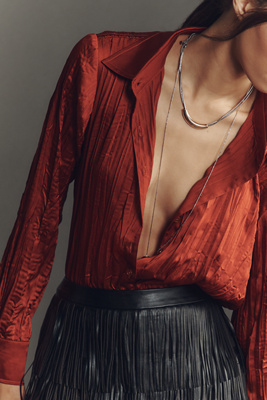 By Anthropologie Long-sleeve Ruffled Silky Blouse In Burgundy