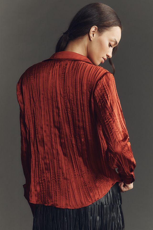 By Anthropologie Long-Sleeve Ruffled Silky Blouse #3