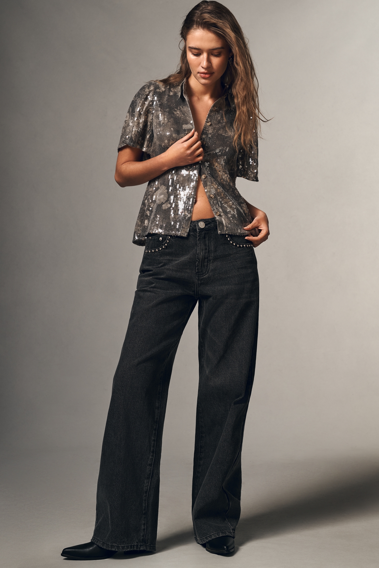 Pilcro Short-Sleeve Sequin Buttondown Blouse