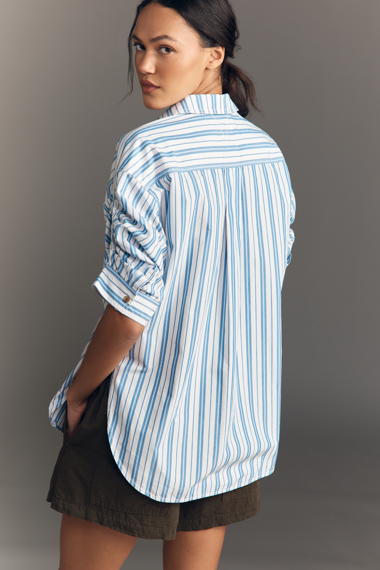 Pilcro Ruched Sleeve Buttondown Shirt