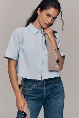 Maeve Merritt Short-Sleeve Cropped Buttondown Shirt