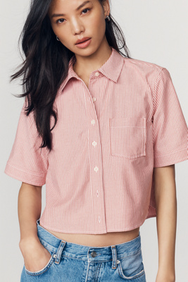 Maeve Merritt Short-Sleeve Cropped Buttondown Shirt