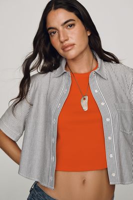 Maeve Merritt Short-Sleeve Cropped Buttondown Shirt
