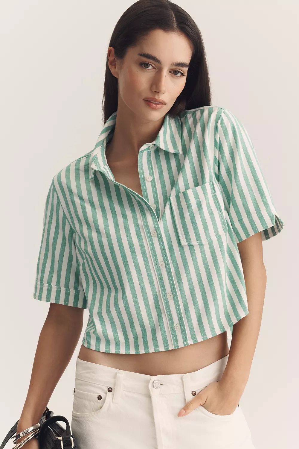 Merritt Short-Sleeve Cropped Buttondown Shirt by Maeve