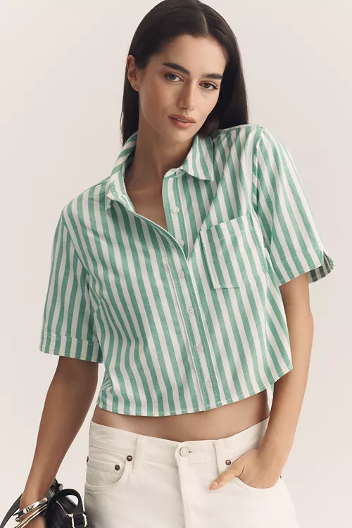 Merritt Short-Sleeve Cropped Buttondown Shirt by Maeve