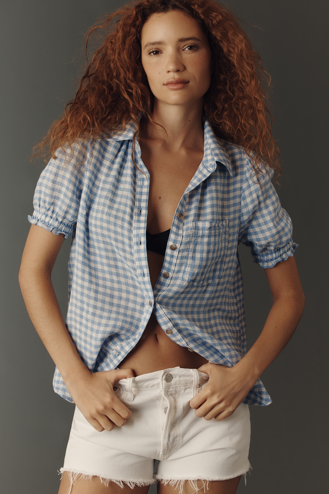 Aly 100% European Linen Puff-Sleeve Blouse