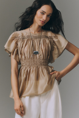 By Anthropologie Short-sleeve Sheer Smocked Blouse In Brown