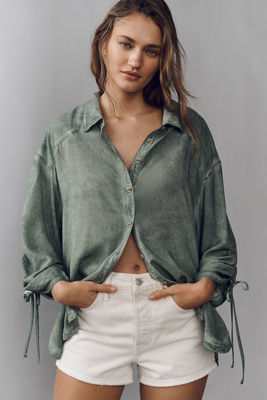 Pilcro Cinched-Sleeve Buttondown Top