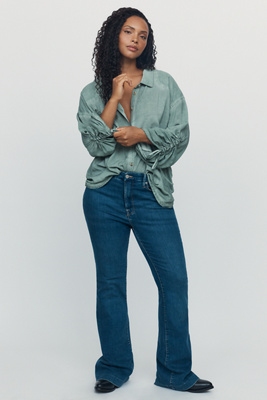 Cinched-Sleeve Buttondown Top