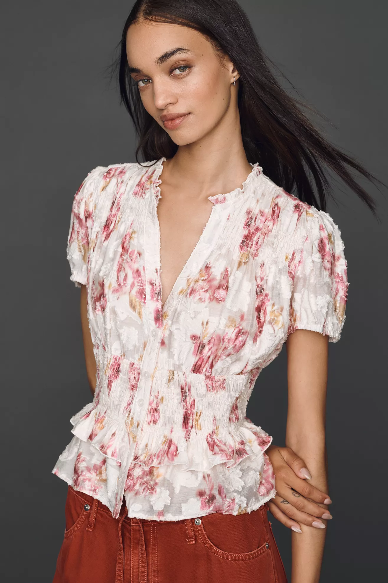 By Anthropologie Smocked Ruffle Blouse