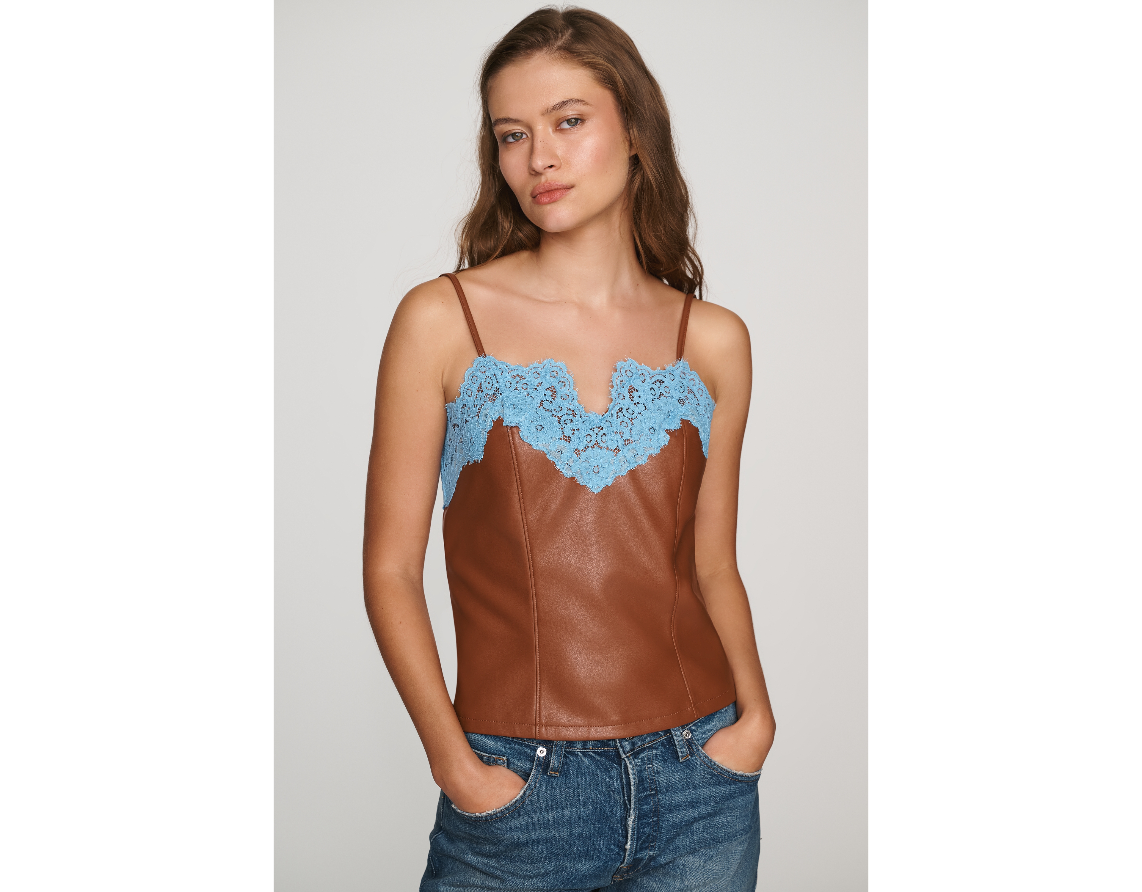 By Anthropologie Faux Leather Lace Trim Camisole