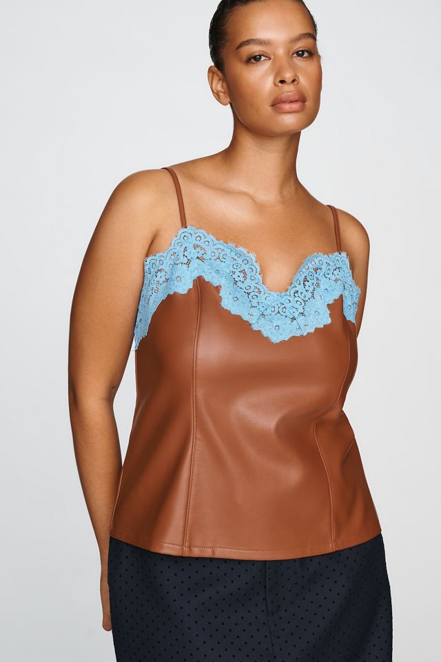 By Anthropologie Faux-Leather Lace-Trim Camisole #4