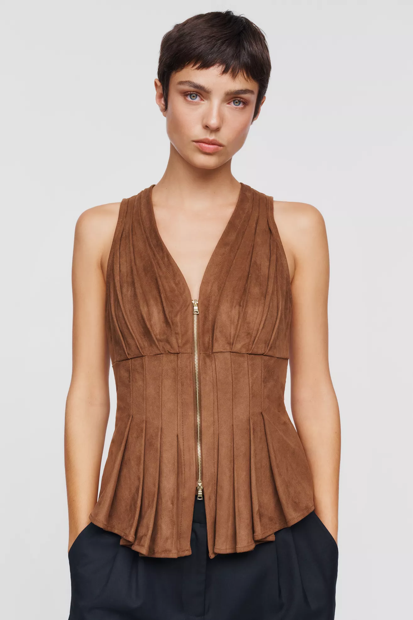 Maeve Viki Faux Suede Zip Front Waisted Top