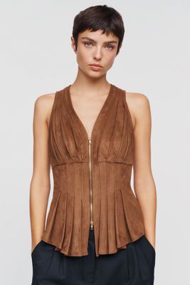 Maeve Viki Faux-Suede Zip-Front Peplum Top