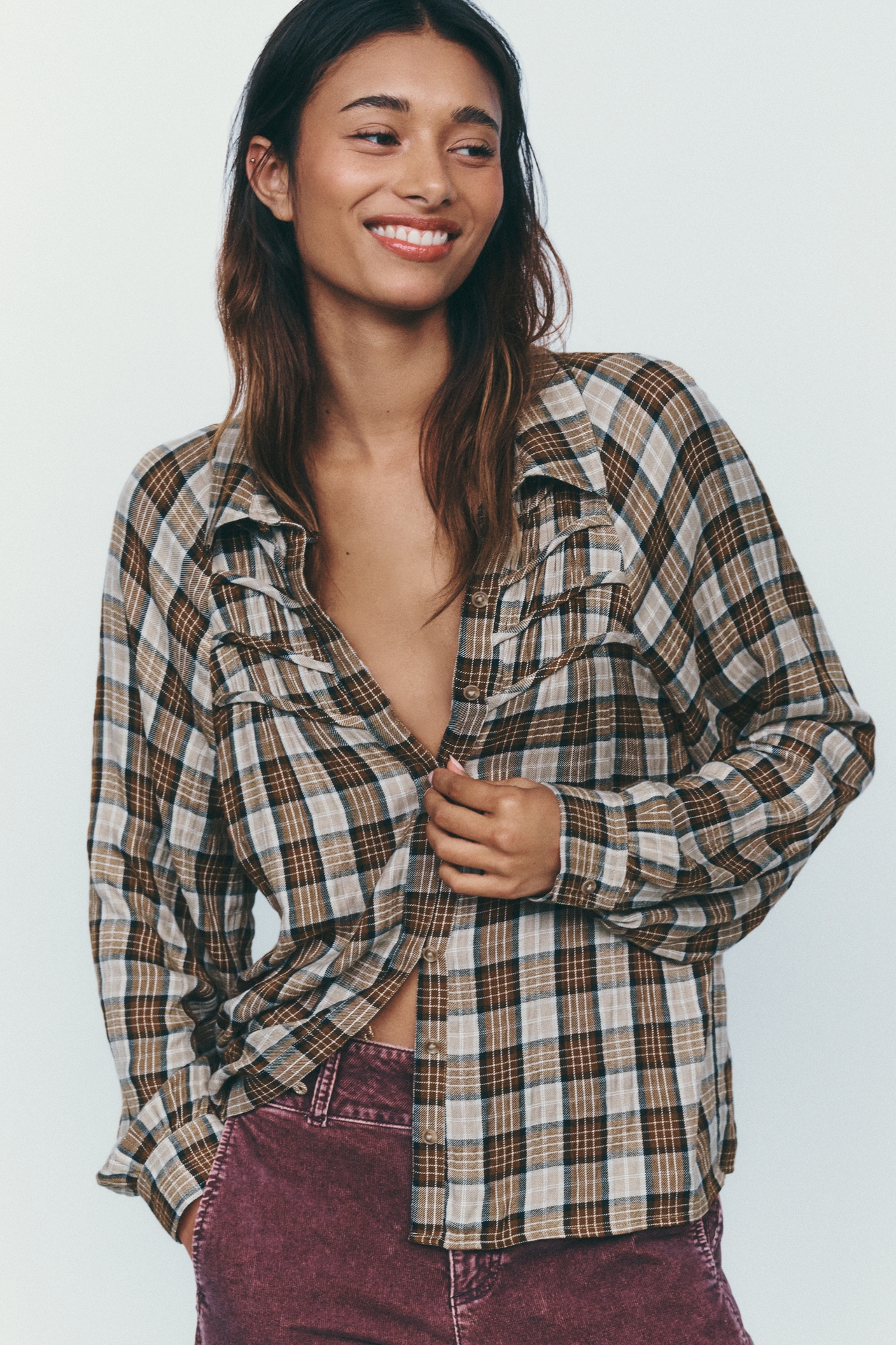 Pilcro Ruched-Yoke Buttondown Shirt
