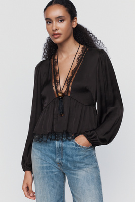 By Anthropologie Satin Lace Trimmed Plunge Blouse by Anthropologie