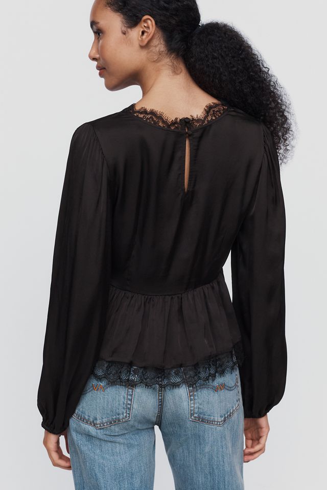 By Anthropologie Satin Lace Trimmed Plunge Blouse #1