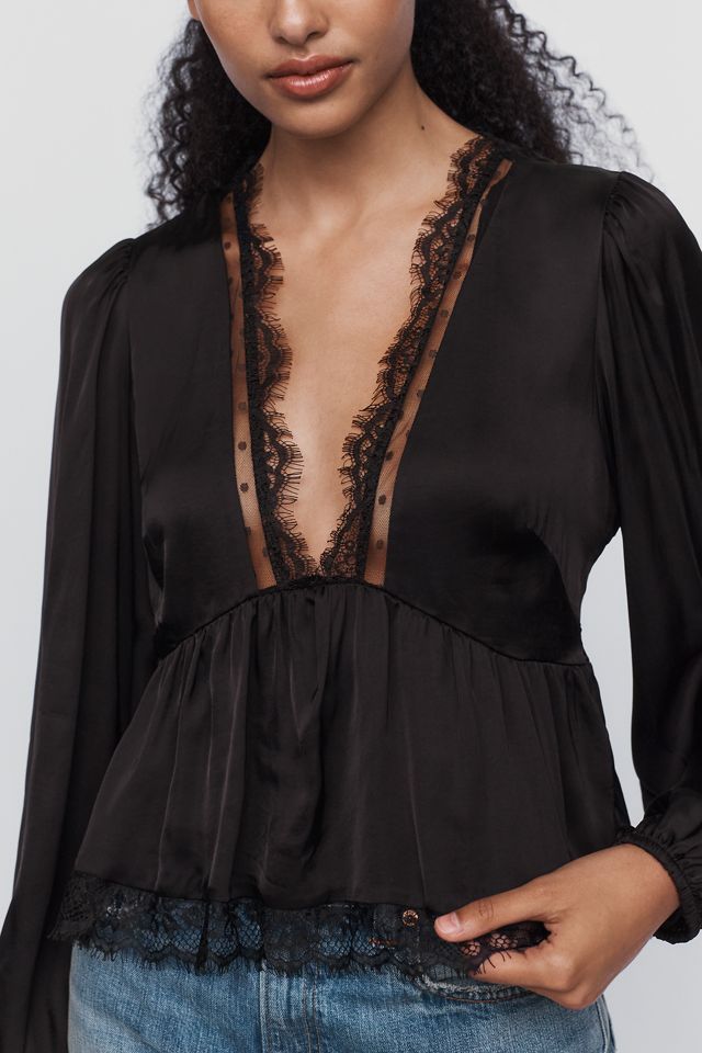 By Anthropologie Satin Lace Trimmed Plunge Blouse #2