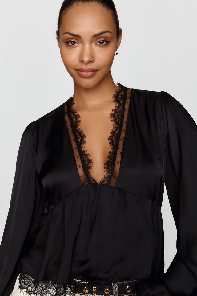 By Anthropologie Satin Lace Trimmed Plunge Blouse #5